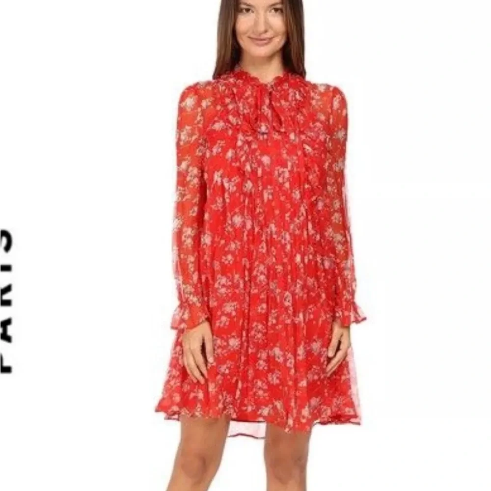The kooples Red Floral Long Sleeve silk chiffon Dress S - Picture 1 of 9